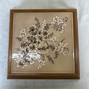 Trivet Tile Wood Frame Tile Made In Italy Brown with Flowers 8in x 8in Charity